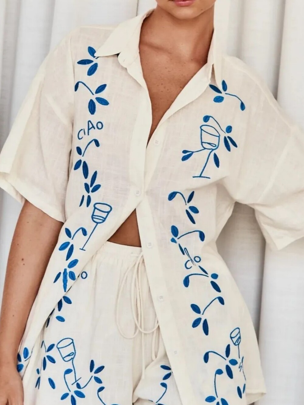 Women's Cream Short-Sleeve Button-Front Shirt with Blue Print